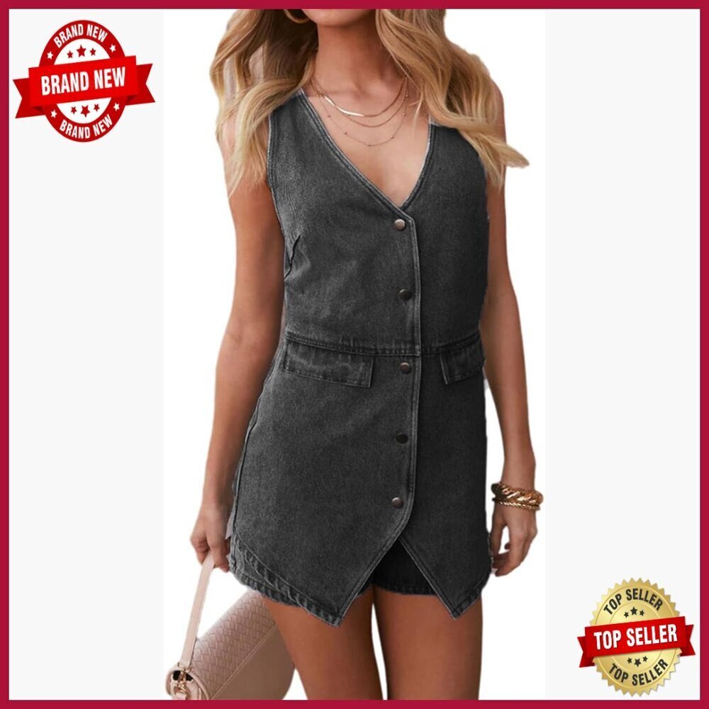 Denim Jumpsuit Sleeveless Romper Business Casual Distressed Wash Summer